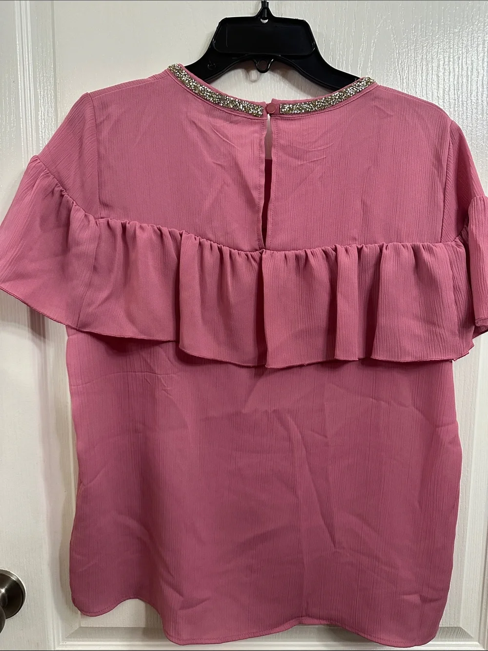 Juicy Couture Rose Pink Ruffle Short-Sleeve Blouse with Jeweled Neckline